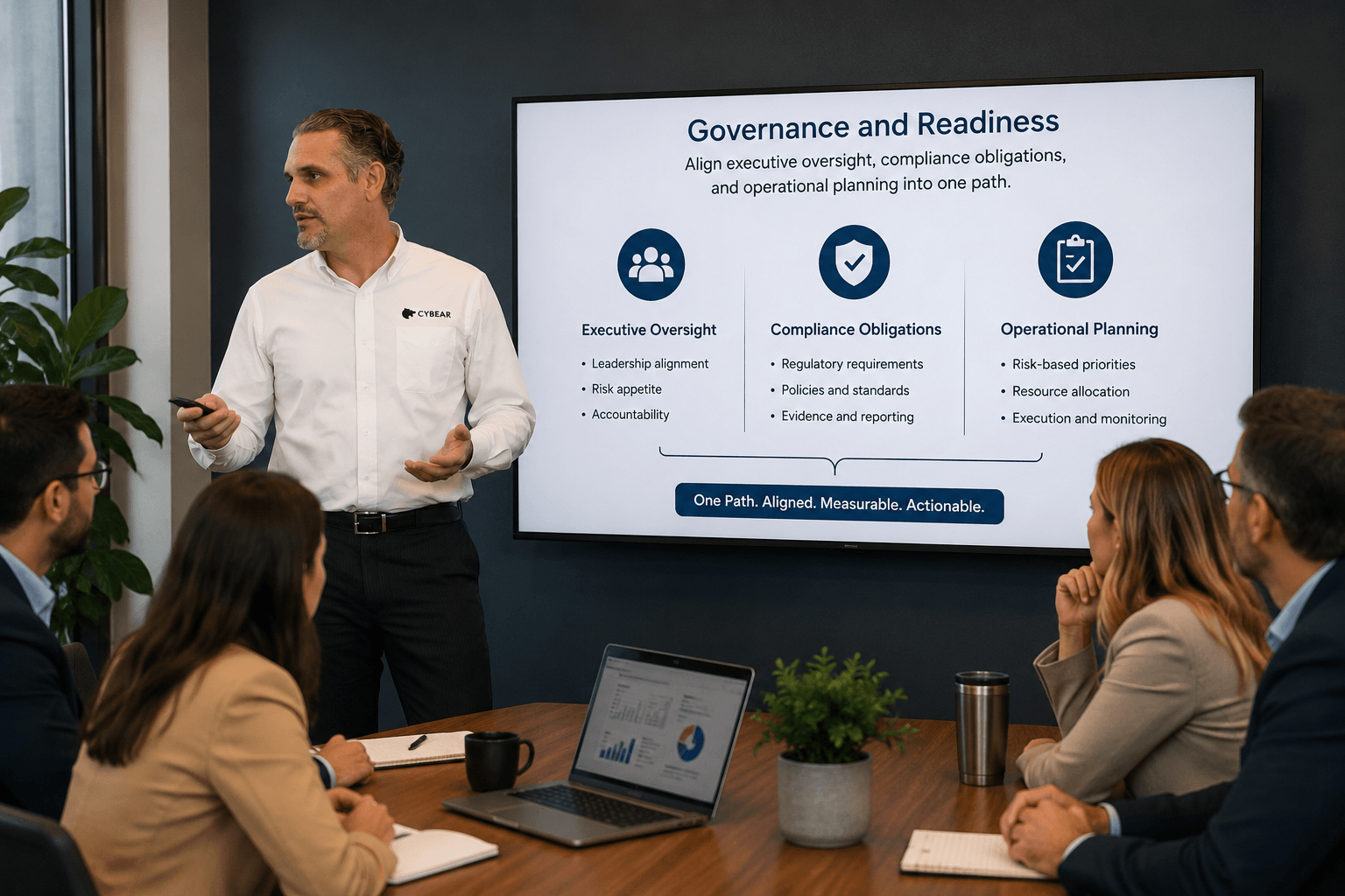 Integrante de CYBEAR presentando servicios principales y prioridades de evaluación ante una audiencia cliente