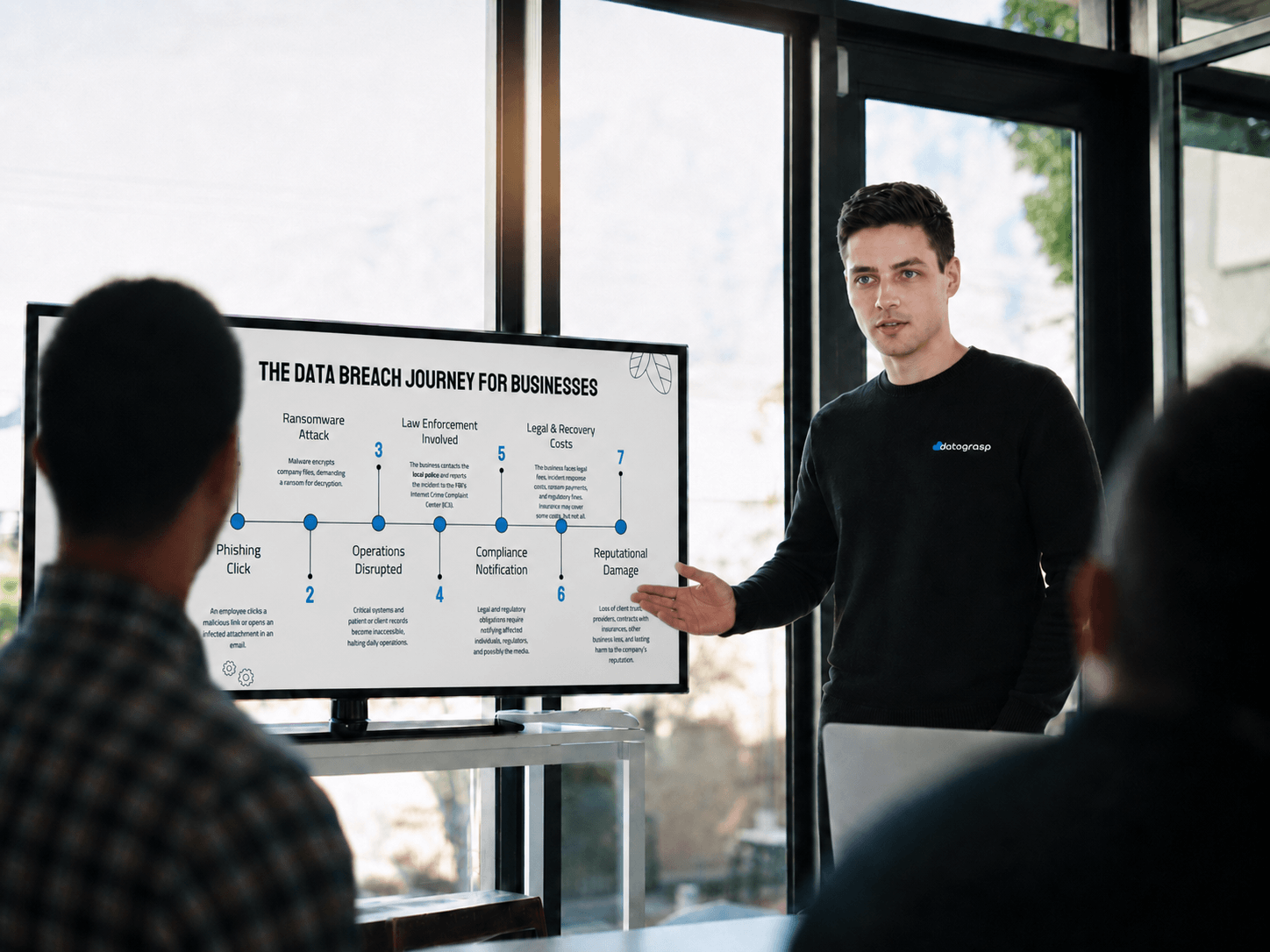 Datagrasp team member presenting governance and reporting workflows during a client session